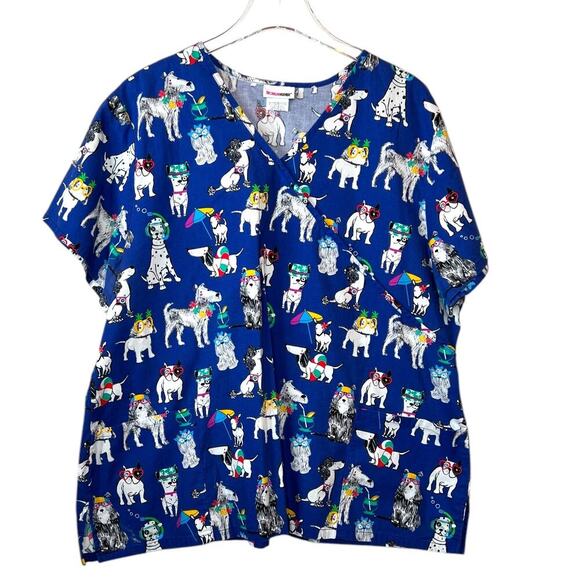 Dogs and Puppies Beach Theme Scrubs V-neck Top in Blue By SCRUBSTAR Women's 3XL - Picture 1 of 7